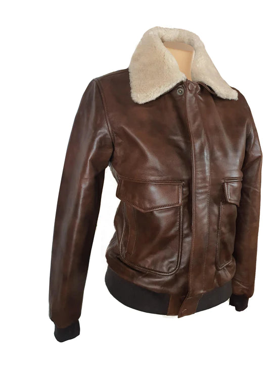 Cindy's two tone Brown bomber Leather Jacket with Fur Collar