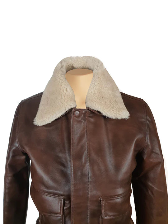 Cindy's two tone Brown bomber Leather Jacket with Fur Collar