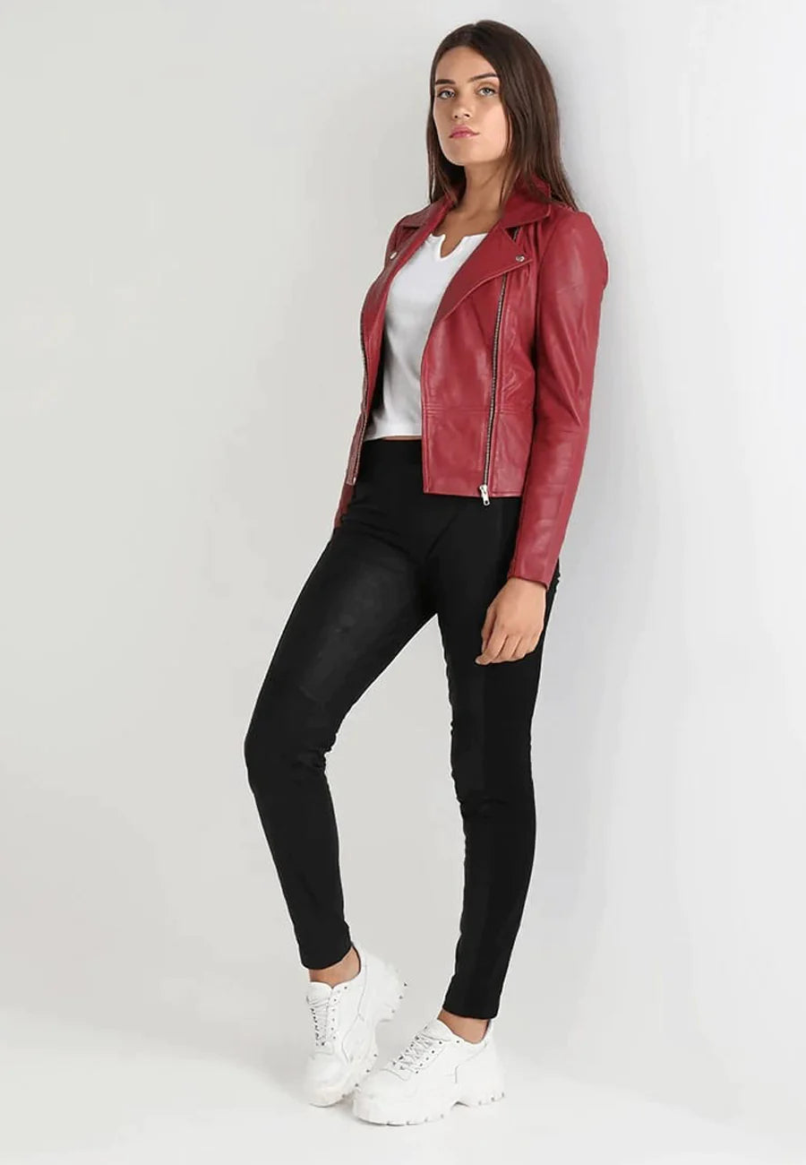 Women's Red Leather Biker Jacket