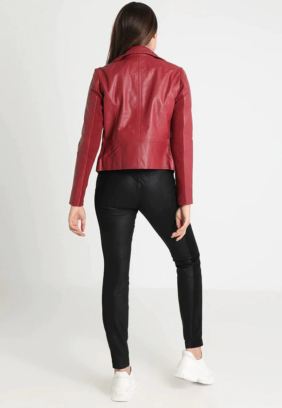 Women's Red Leather Biker Jacket