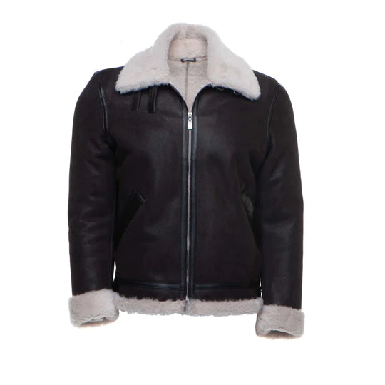 Hampton's Classic Brown B-3 Bomber Aviator Shearling Jacket with collar belt