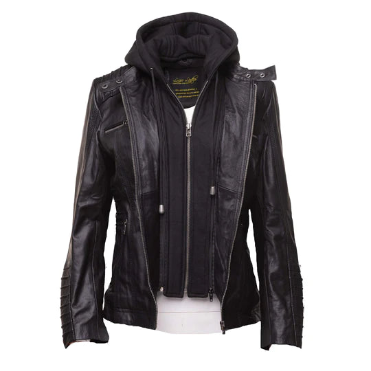 Women's Black Leather Hooded Jacket With Piping