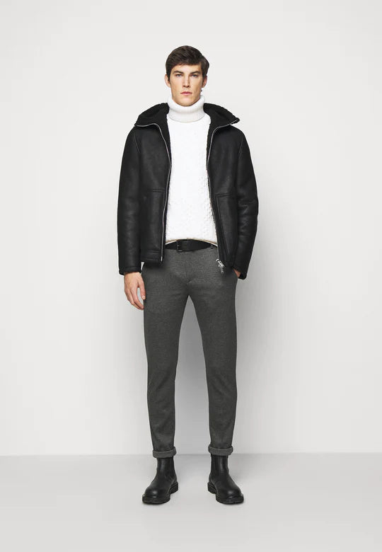 Men's Black Leather Shearling Hooded Jacket