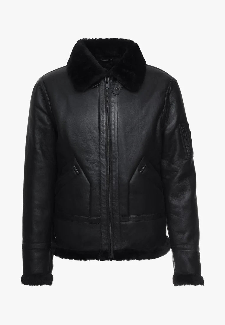 Men's Aviator Black Leather Black Shearling Jacket