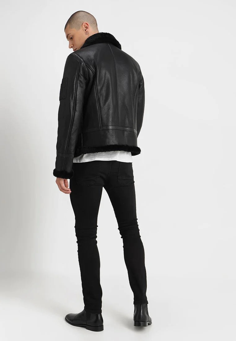 Men's Aviator Black Leather Black Shearling Jacket