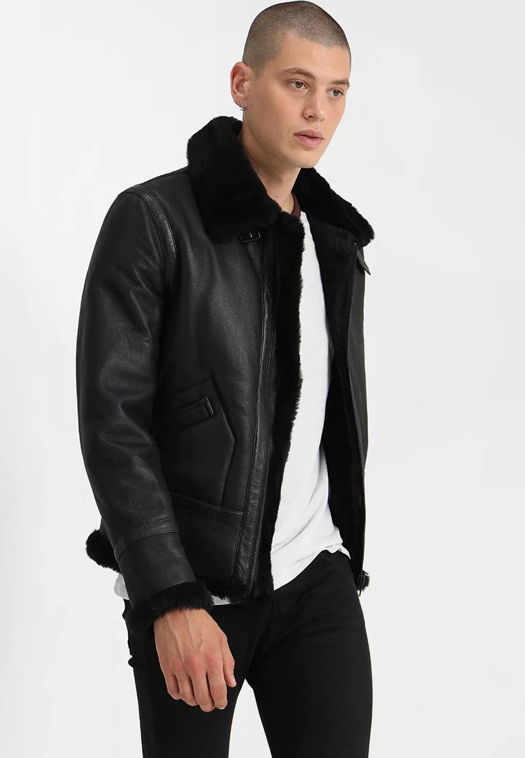 Men's Aviator Black Leather Black Shearling Jacket