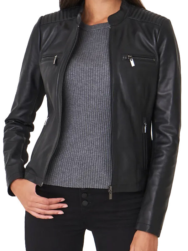 BLACK LEATHER BIKER JACKET WOMENS