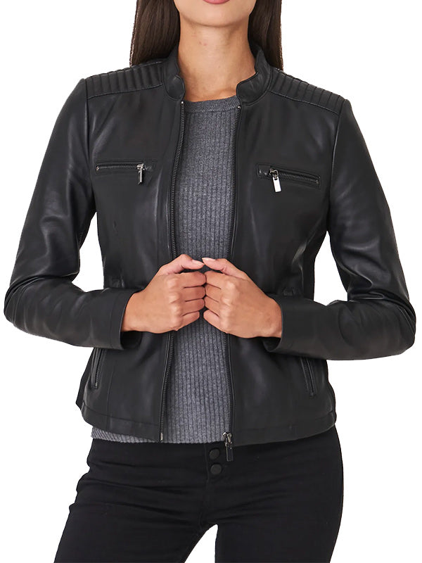 BLACK LEATHER BIKER JACKET WOMENS