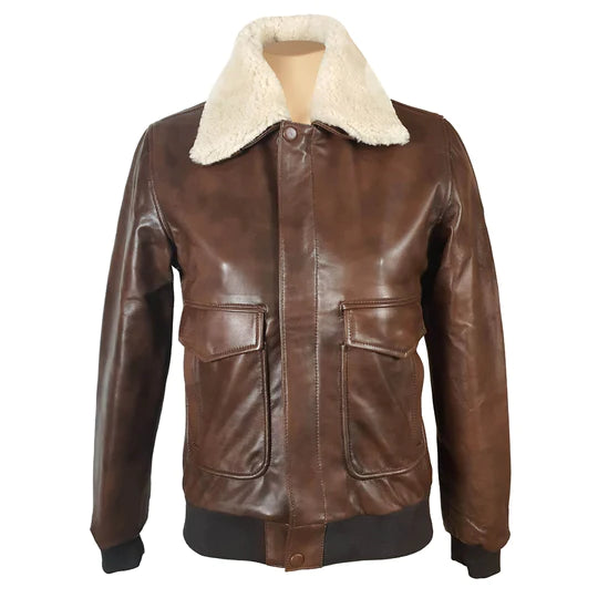 Cindy's two tone Brown bomber Leather Jacket with Fur Collar