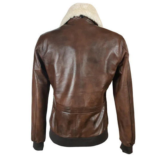 Cindy's two tone Brown bomber Leather Jacket with Fur Collar