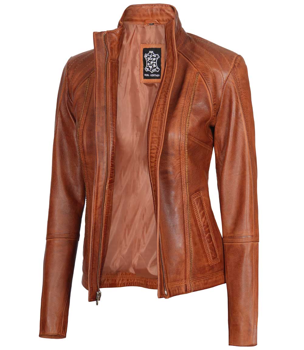 Acerra Womens Real Cognac Brown Leather Cafe Racer Jacket