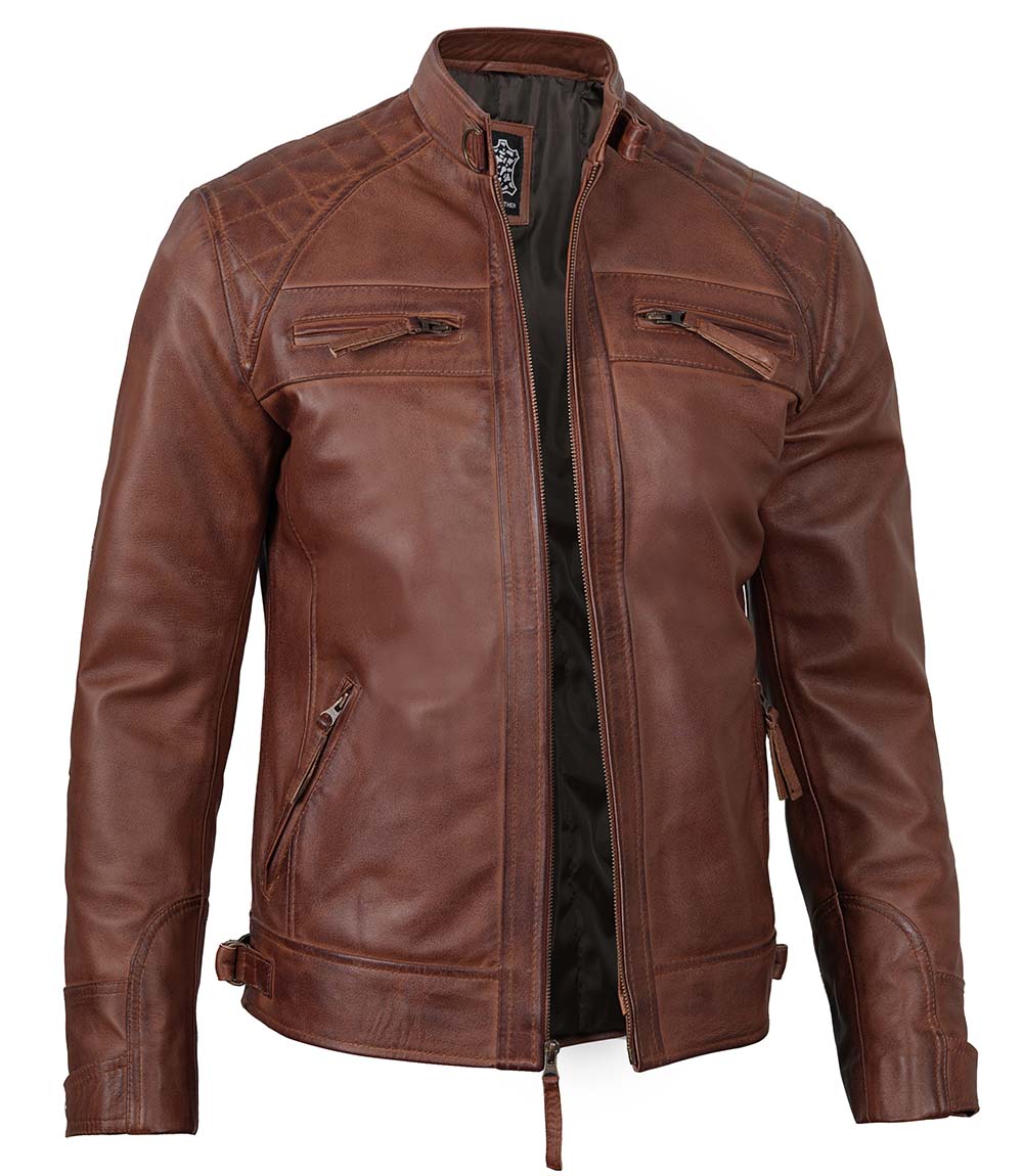 Mens Cognac Brown Cafe Racer Quilted Leather Jacket