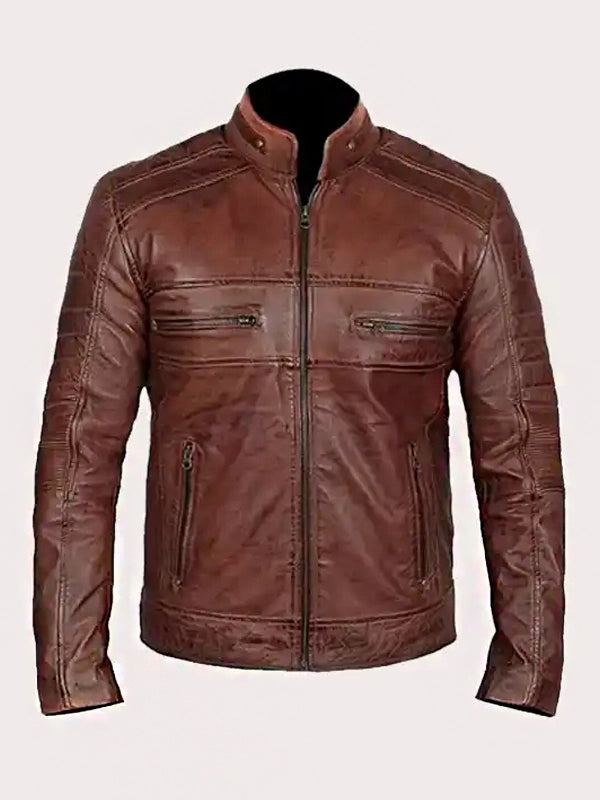 MENS DISTRESSED LEATHER BIKER BROWN JACKET