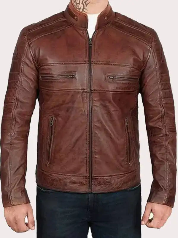 MENS DISTRESSED LEATHER BIKER BROWN JACKET