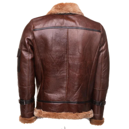 Esa Brown Bomber Sheepskin Shearling Jacket with large pockets