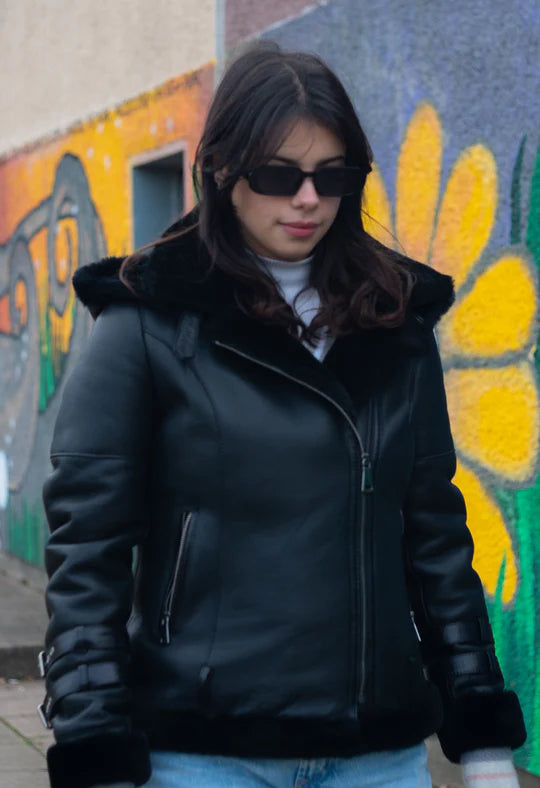 Tasha’s Black Sheepskin Shearling B-3 Bomber Style Jacket