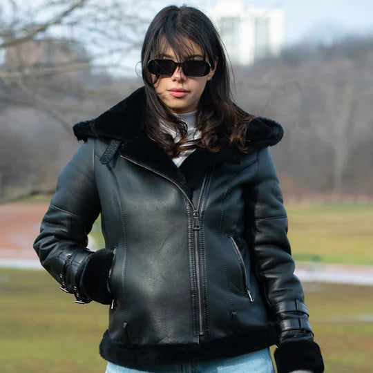 Sofie's Black Sheepskin Shearling Hooded Jacket