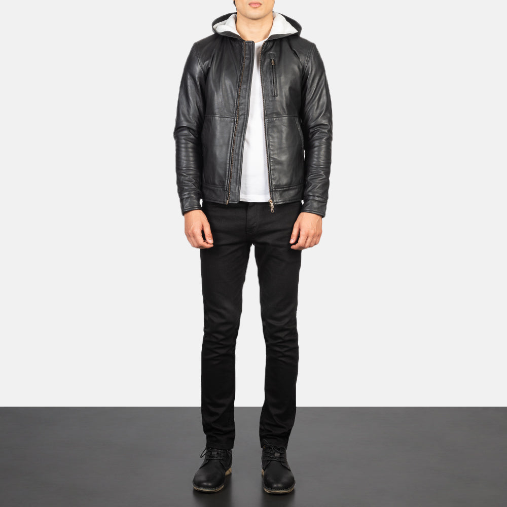 Baston Black Hooded Leather Bomber Jacket