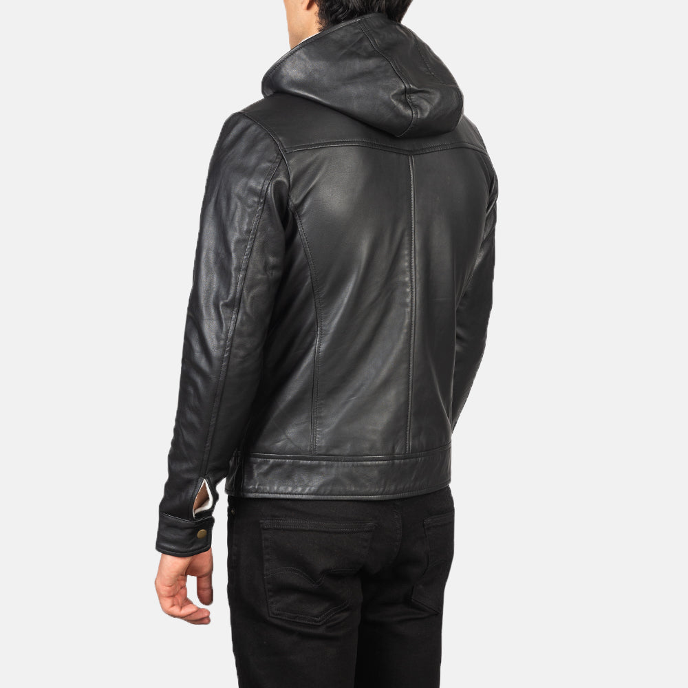 Baston Black Hooded Leather Bomber Jacket