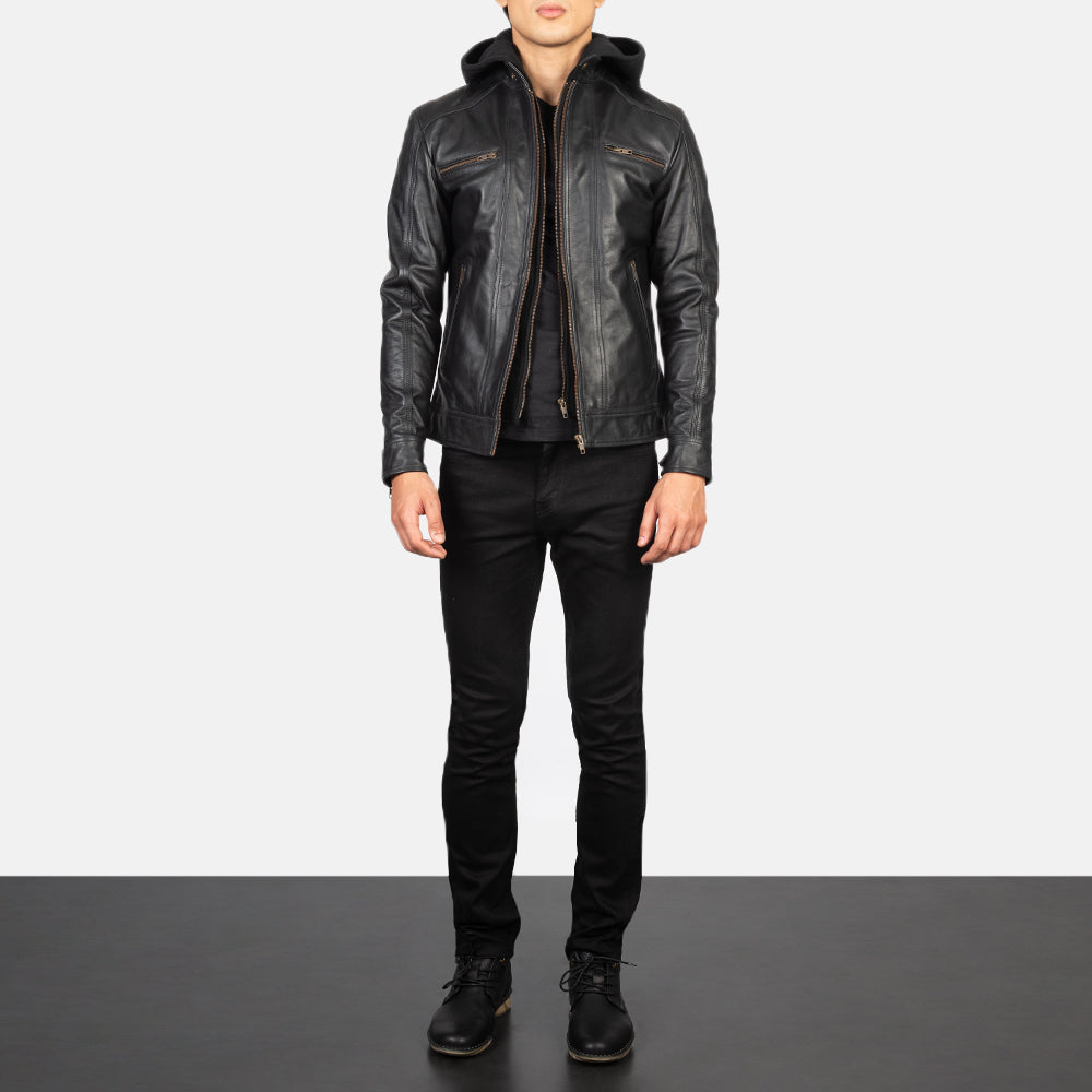 Baston Black Hooded Leather Bomber Jacket