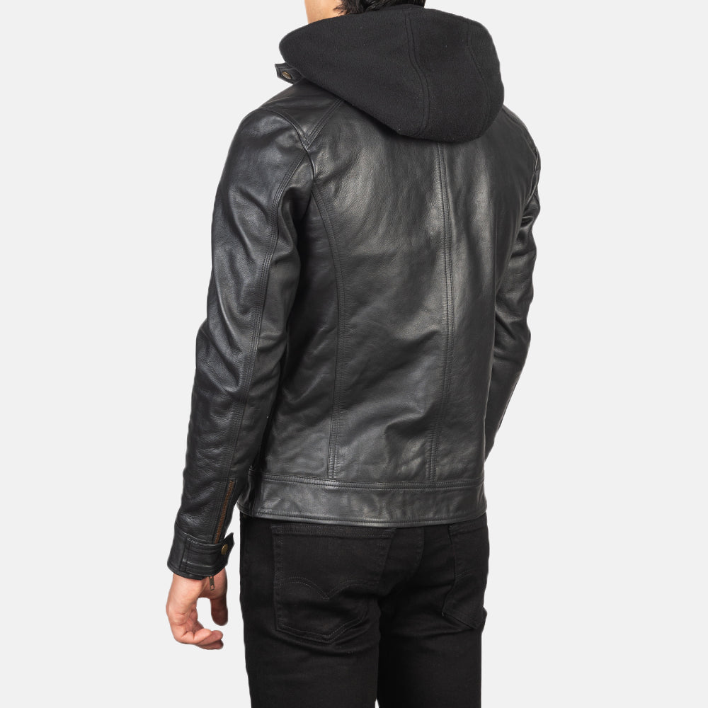 Baston Black Hooded Leather Bomber Jacket