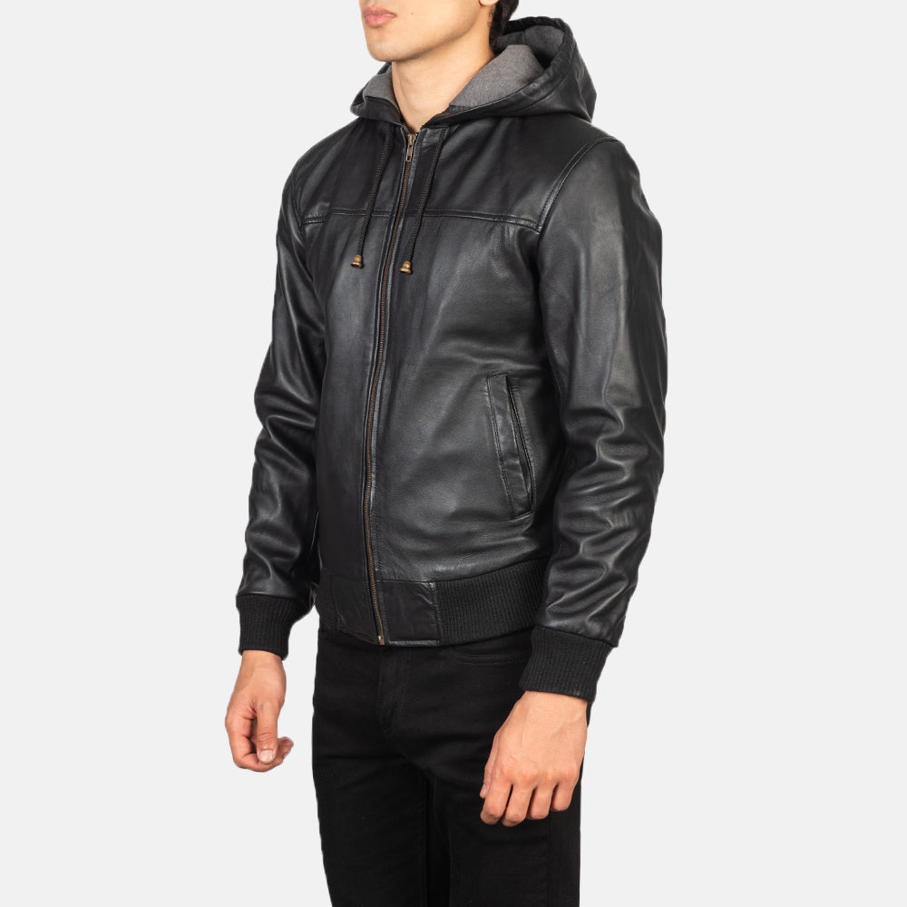 Nintenzo Black Hooded Leather Bomber Jacket