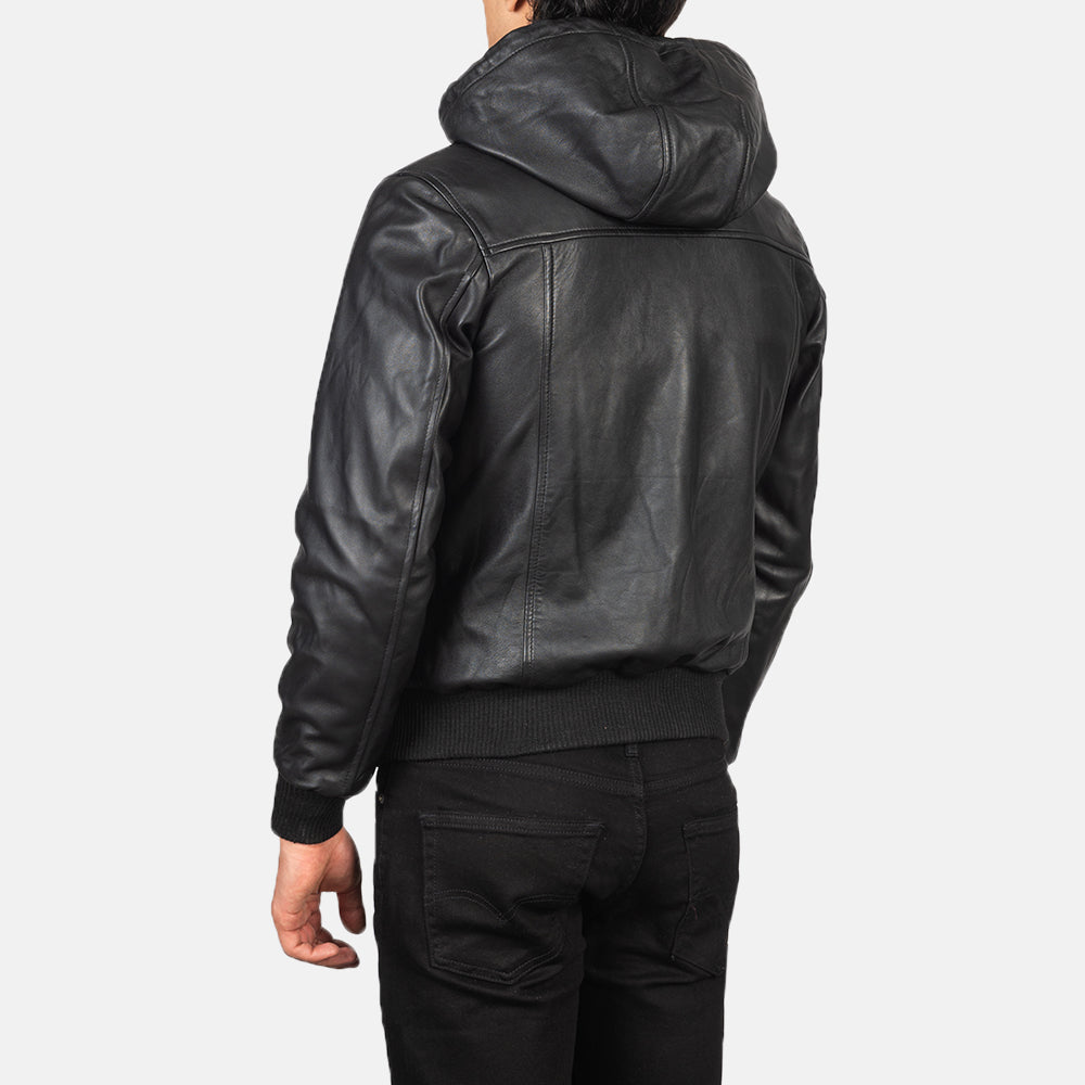 Nintenzo Black Hooded Leather Bomber Jacket