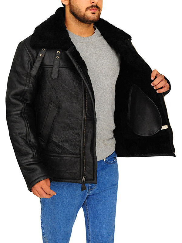 MENS B3 AVIATOR BOMBER BLACK LEATHER JACKET