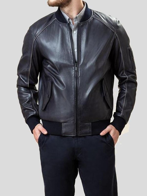 MENS BLACK LEATHER BOMBER JACKET