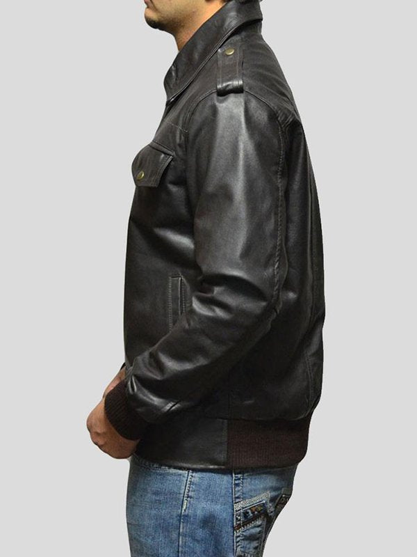 MENS CASUAL BLACK LEATHER BOMBER JACKET