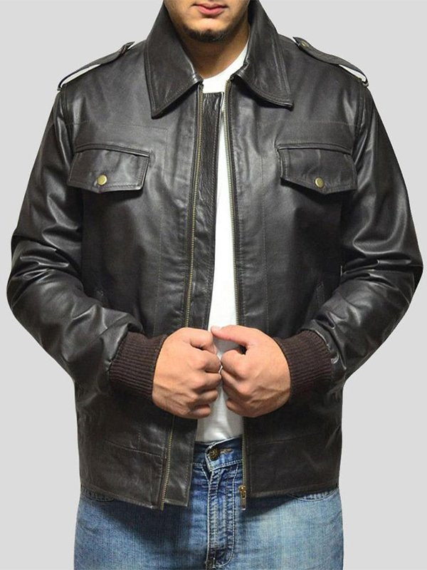 MENS CASUAL BLACK LEATHER BOMBER JACKET