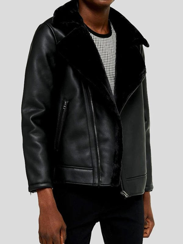 MEN’S WINTER SHEARLING BLACK LEATHER JACKET