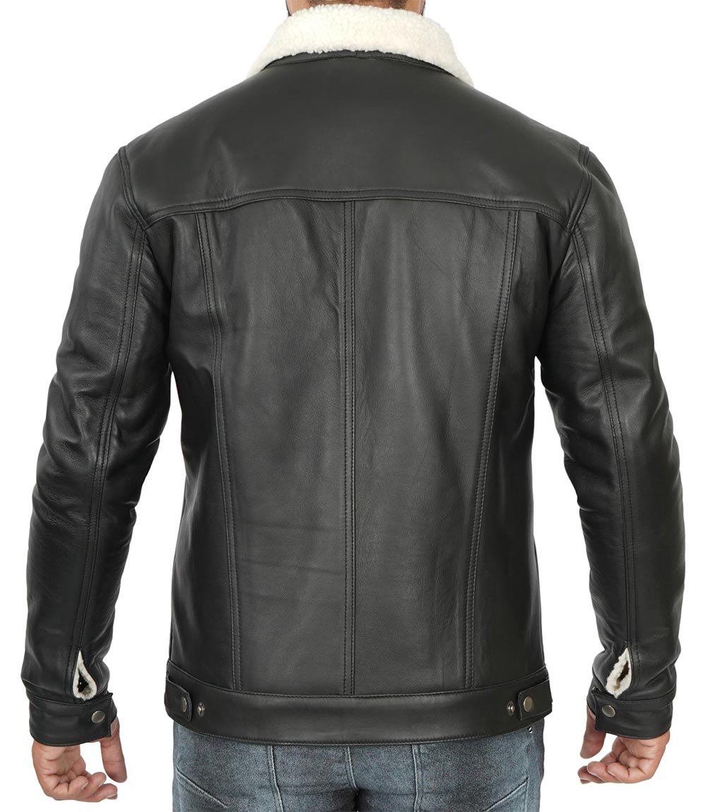 Mens Black Leather Trucker Jacket with White Sherpa Lining