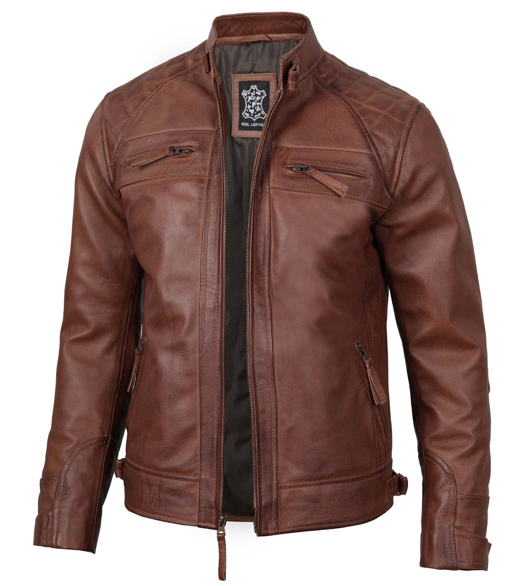 Mens Cognac Brown Cafe Racer Quilted Leather Jacket