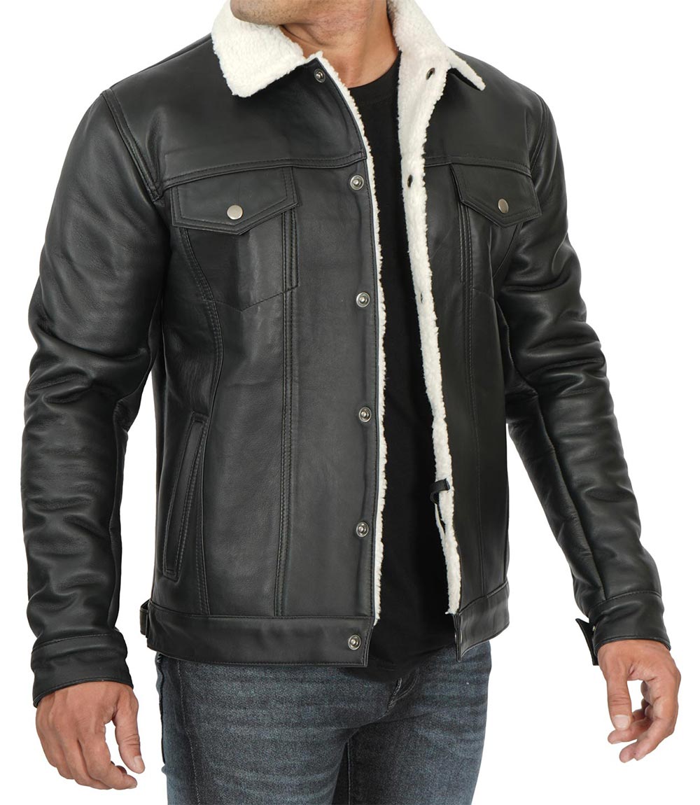 Mens Black Leather Trucker Jacket with White Sherpa Lining