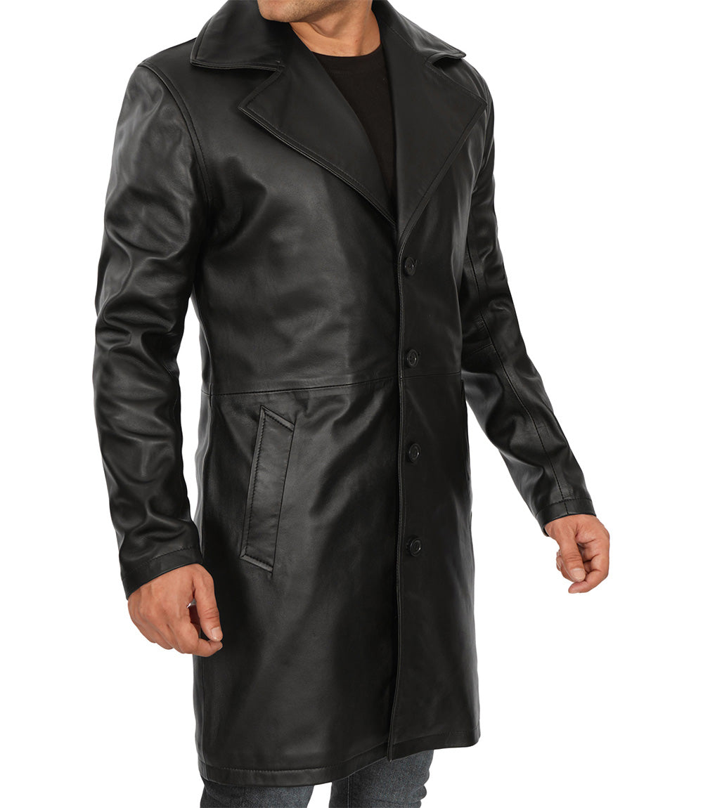 Mens Black 3/4 Length Real Leather Car Coat