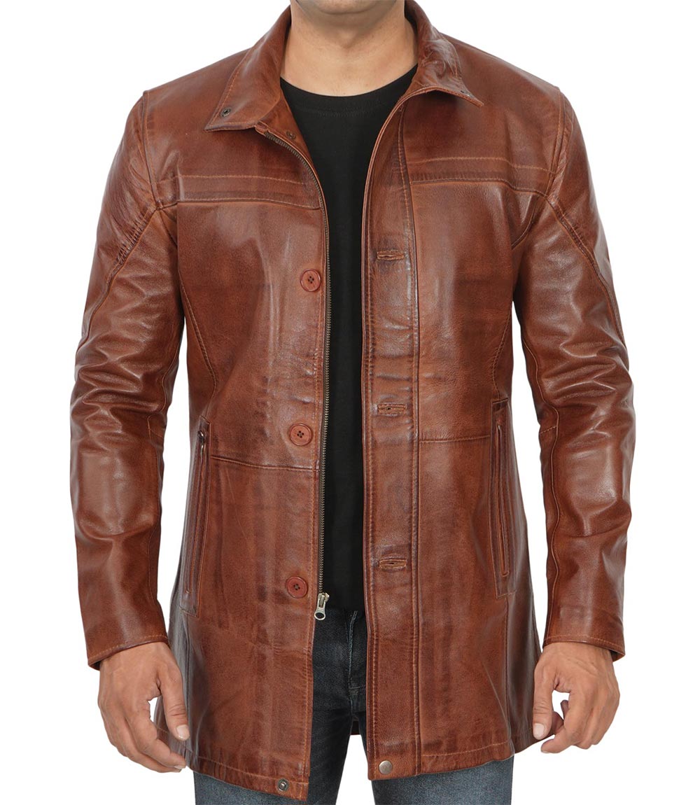 Mens Vintage Cognac Leather Car Coat