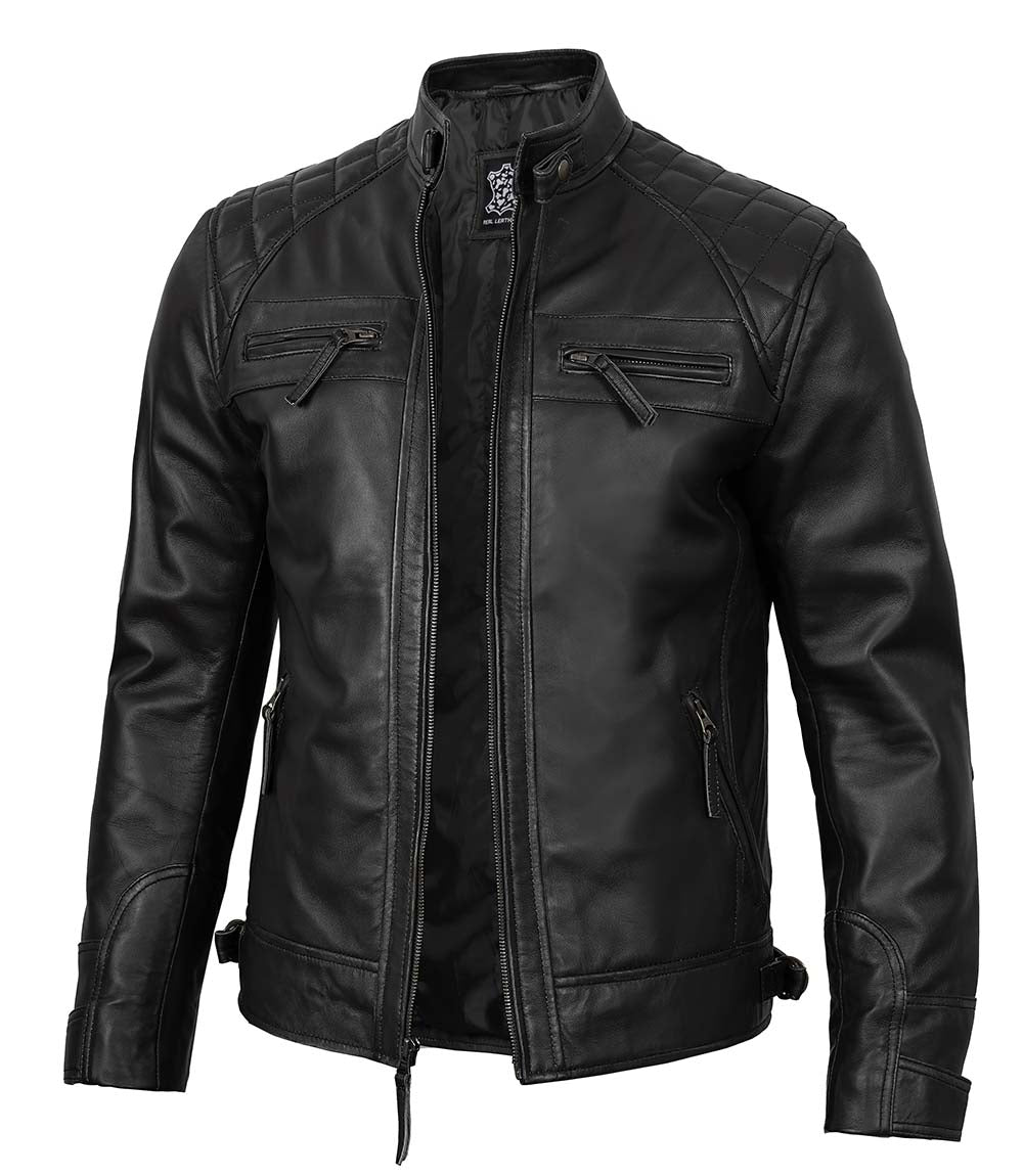 Premium Leather Classic Mens Black Cafe Racer Biker Jacket