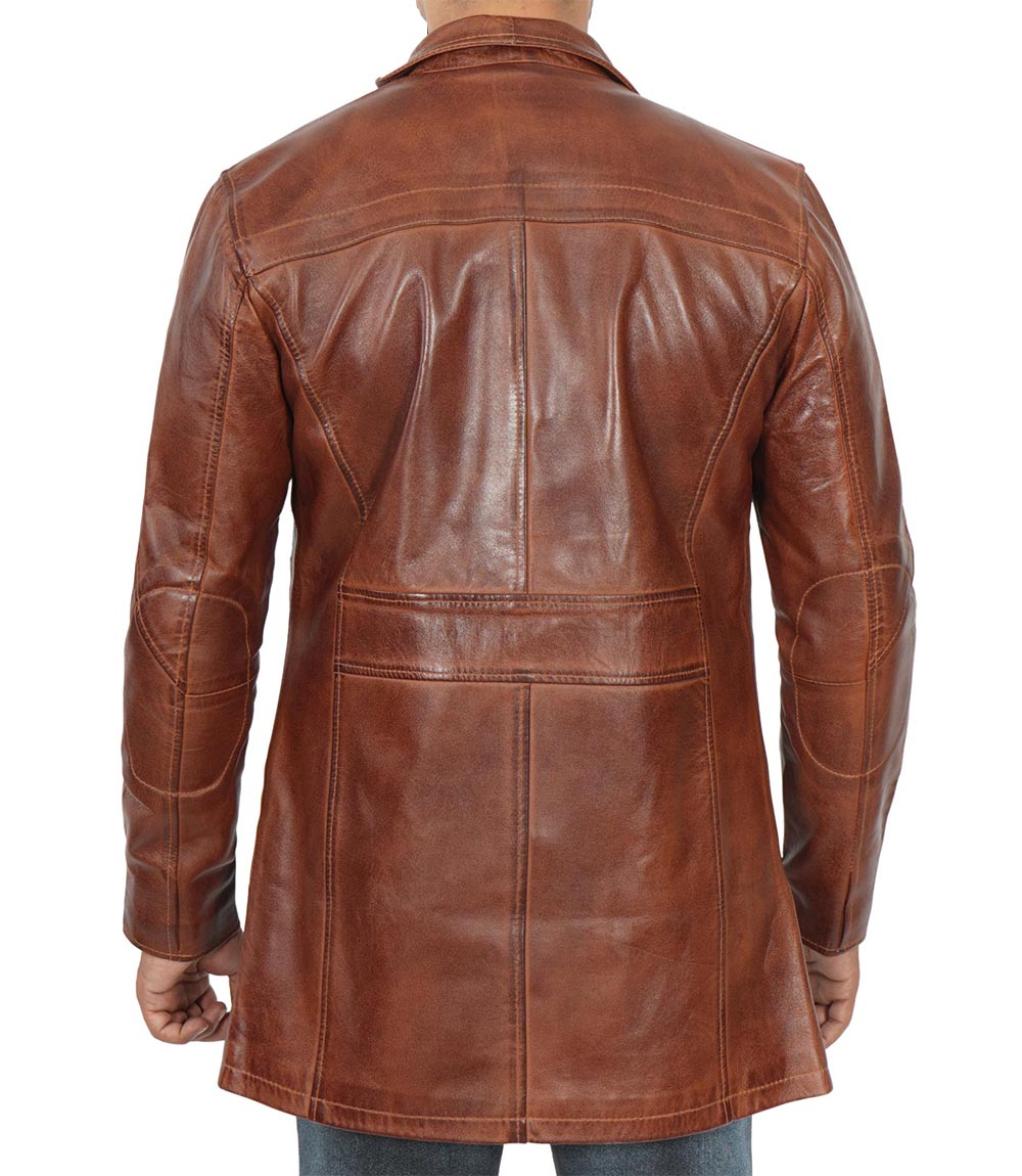 Mens Vintage Cognac Leather Car Coat