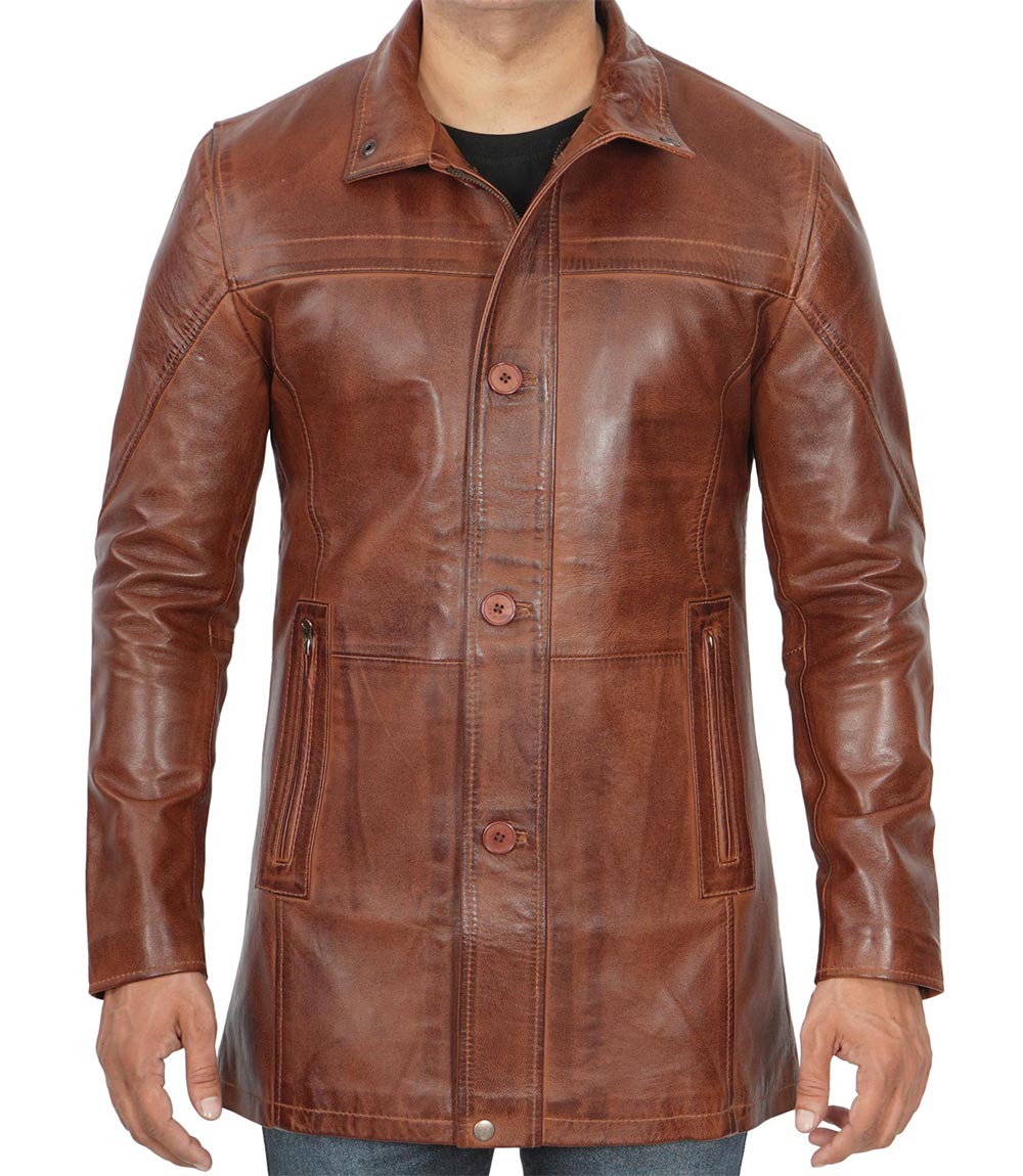 Mens Vintage Cognac Leather Car Coat