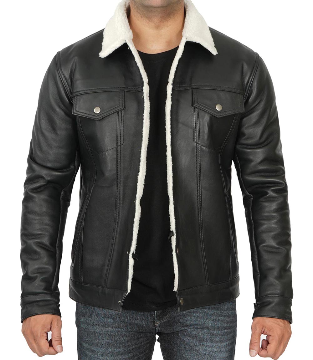 Mens Black Leather Trucker Jacket with White Sherpa Lining