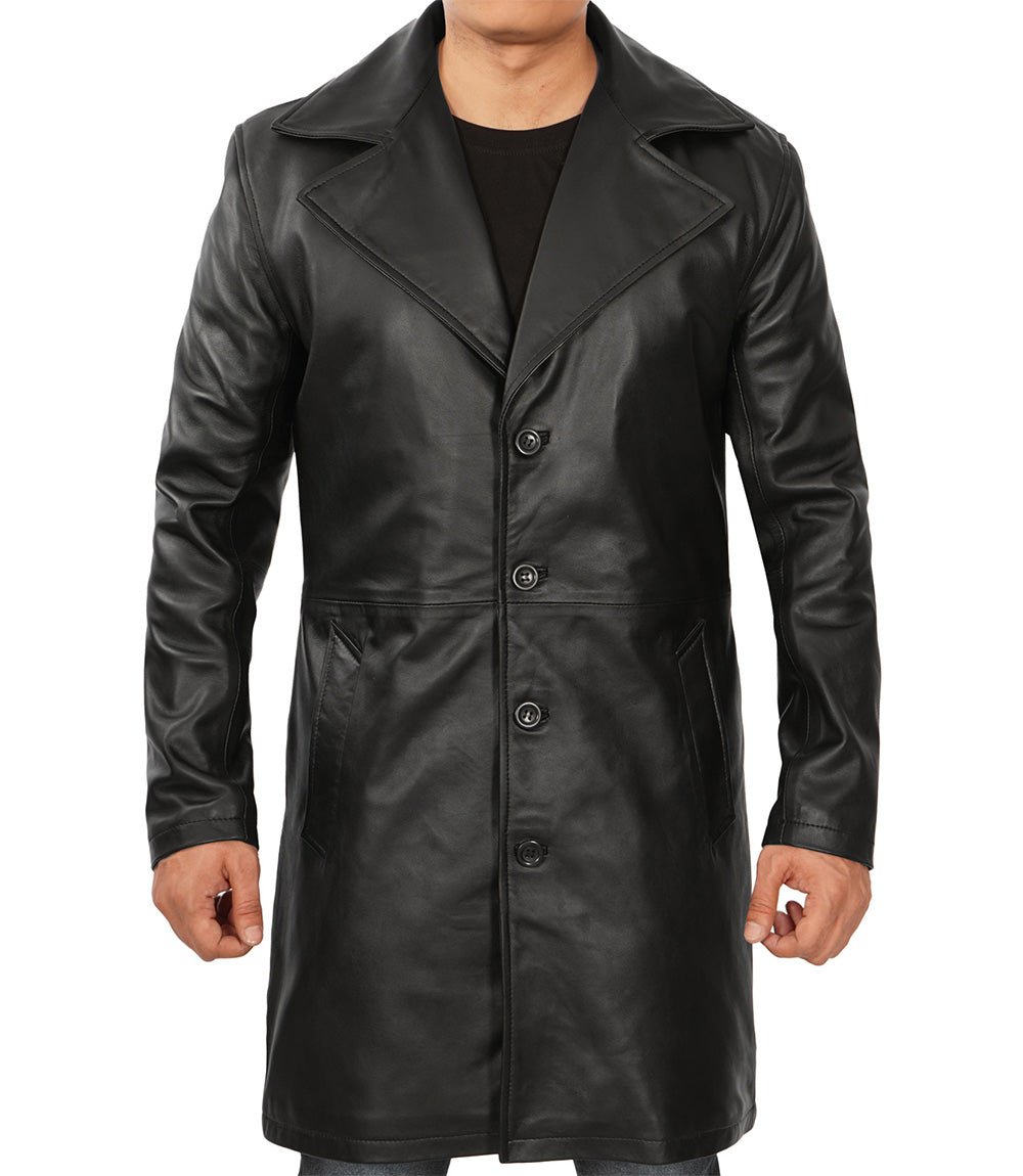 Mens Black 3/4 Length Real Leather Car Coat