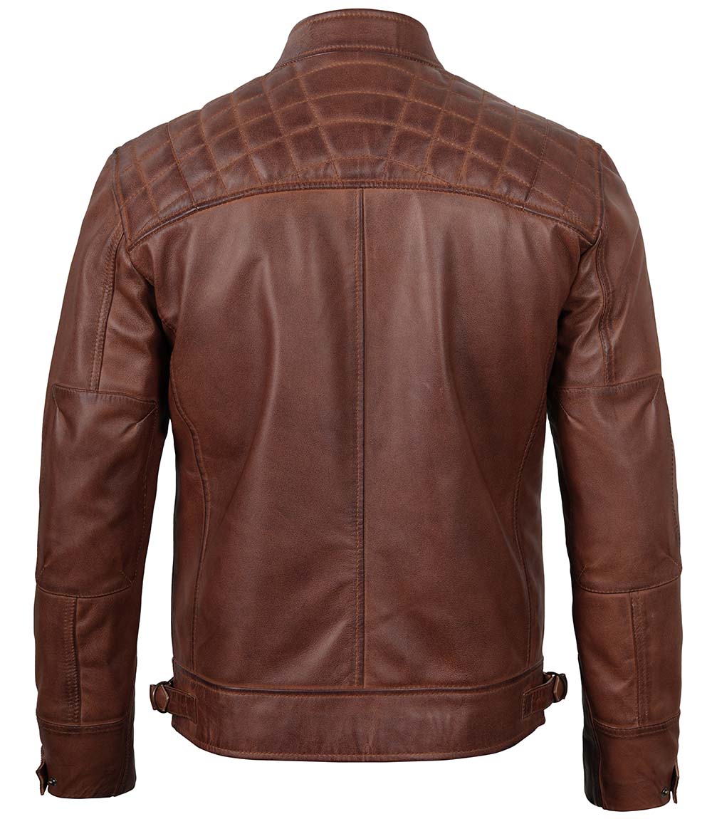 Mens Cognac Brown Cafe Racer Quilted Leather Jacket