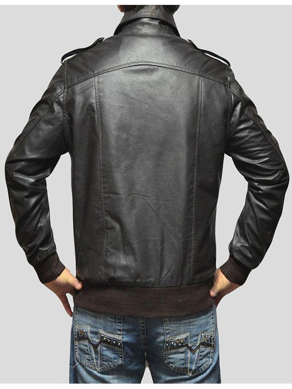 MENS CASUAL BLACK LEATHER BOMBER JACKET