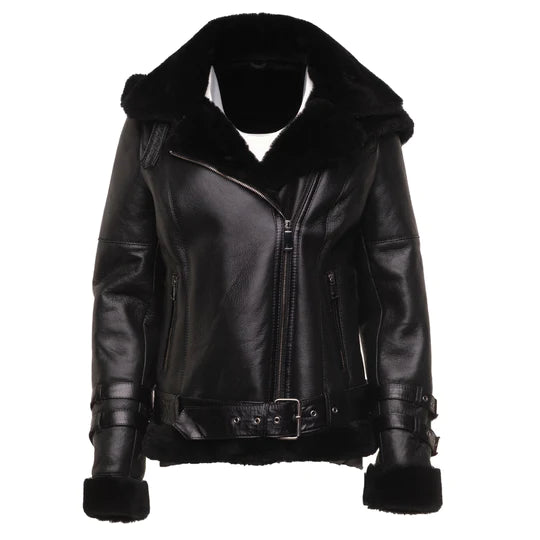 Sofie's Black Sheepskin Shearling Hooded Jacket