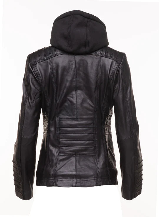 Women's Black Leather Hooded Jacket With Piping