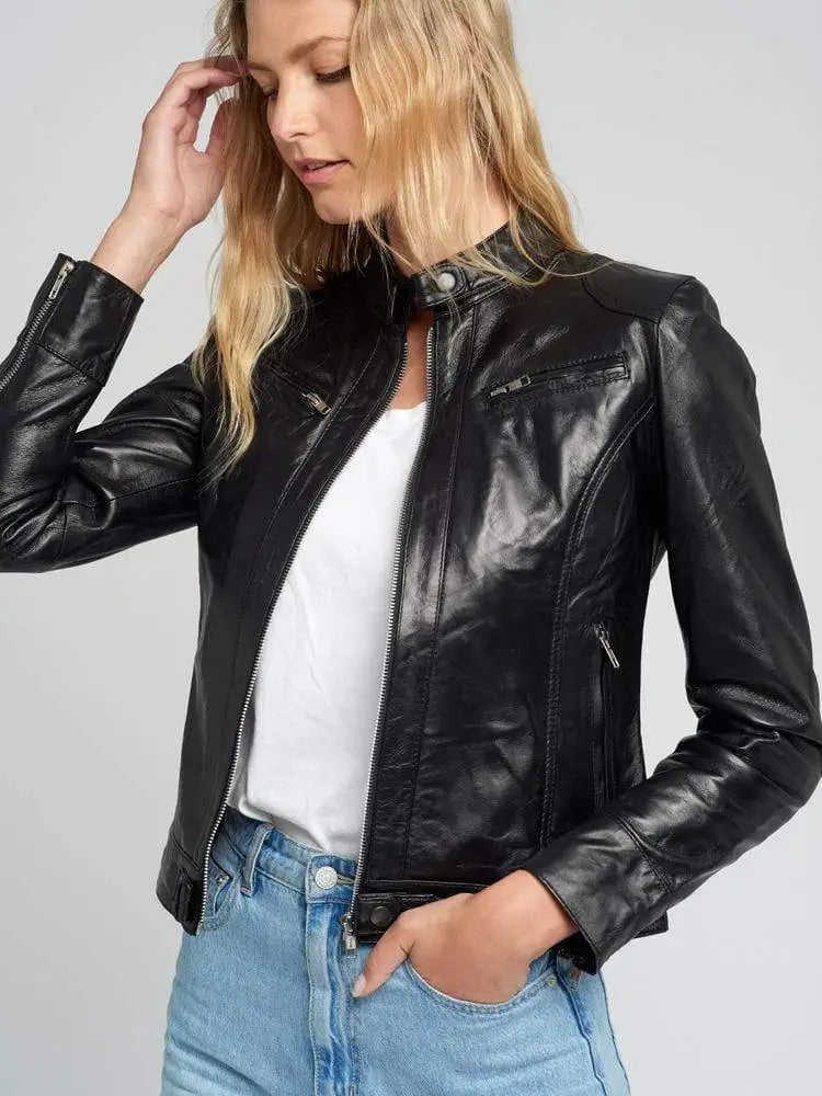 Kathy Black Cafe Racer Leather Jacket