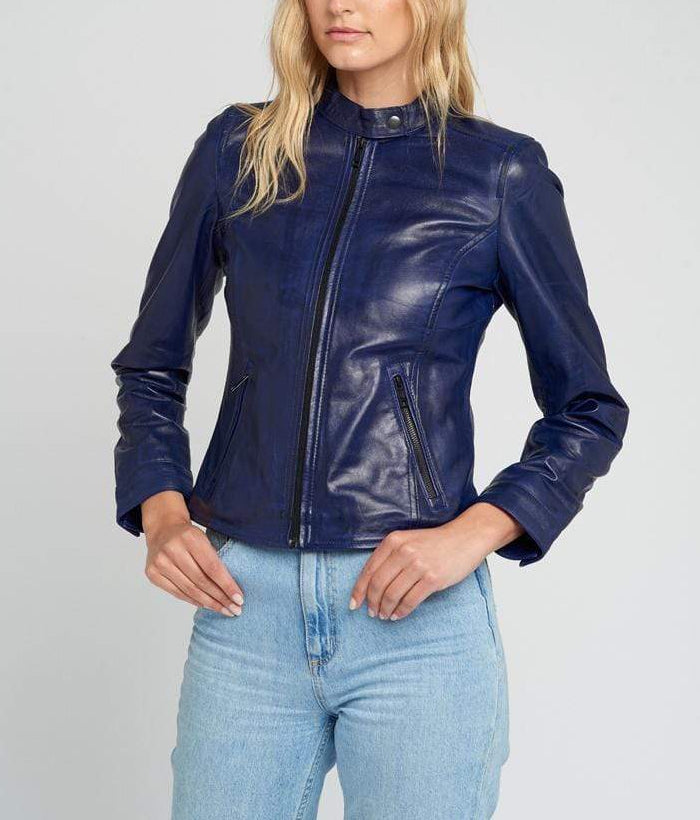 Jessy Blue Cafe Race Stand Collar Leather Jacket