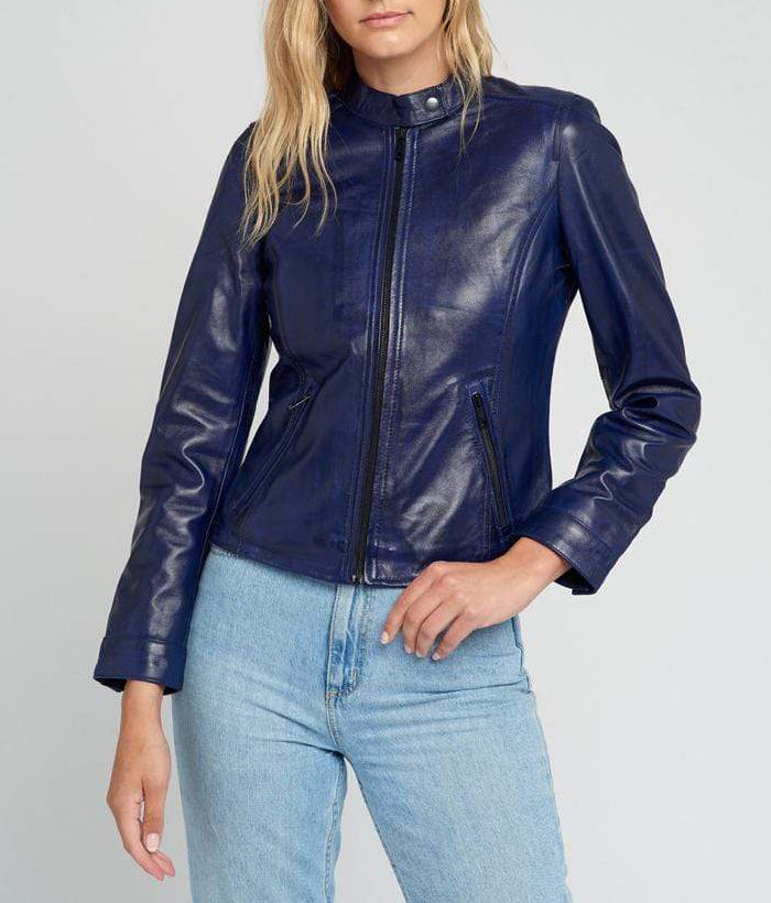 Jessy Blue Cafe Race Stand Collar Leather Jacket