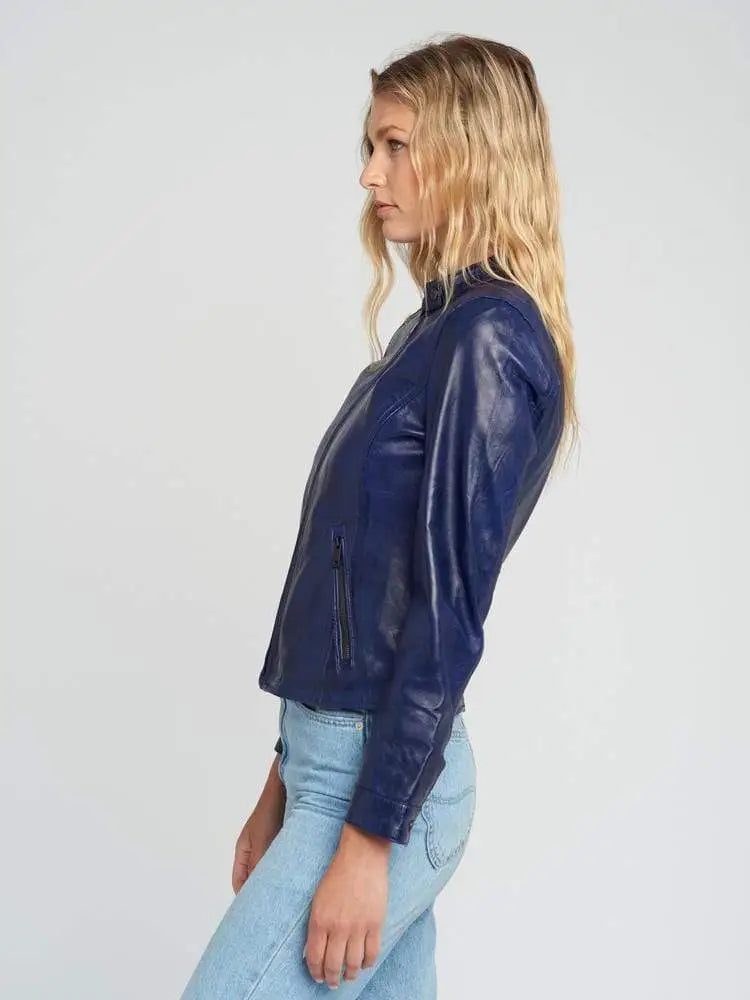 Jessy Blue Cafe Race Stand Collar Leather Jacket